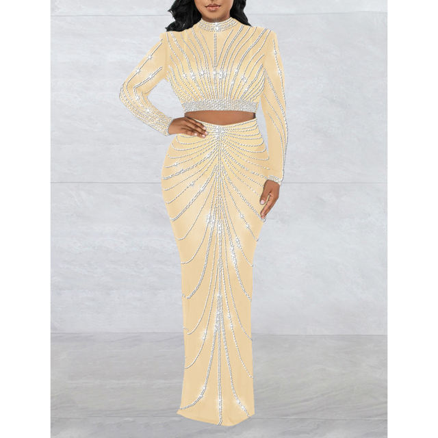 Apricot Rhinestones Long Sleeve Crop with Maxi Skirt Set TQV810029-18