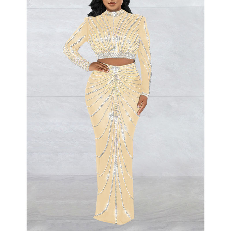 Apricot Rhinestones Long Sleeve Crop with Maxi Skirt Set TQV810029-18