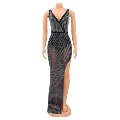 Black Rhinestone High Split V Neck Maxi Dress TQK311265-2