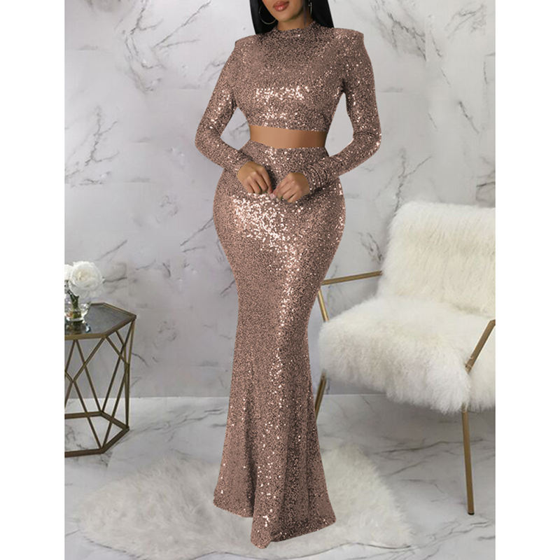 Champagne Sequined Crop Top with Fishtail Skirt Set TQV810034-53