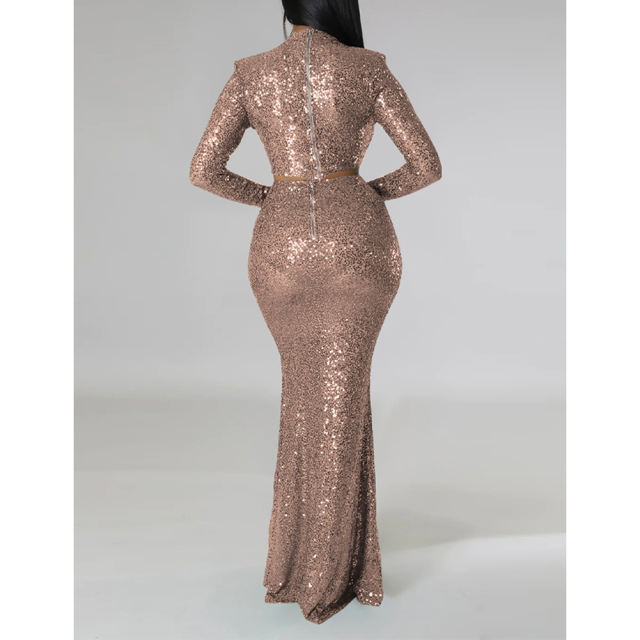 Champagne Sequined Crop Top with Fishtail Skirt Set TQV810034-53