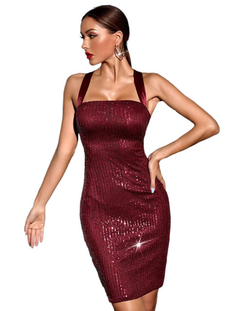 Burgundy  Halter Neck Slim Fit Sequined Dress TQK310963-23