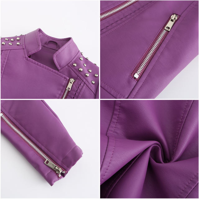 Purple Rivet Decoration Turndown Collar PU Leather Jacket TQK280137-8