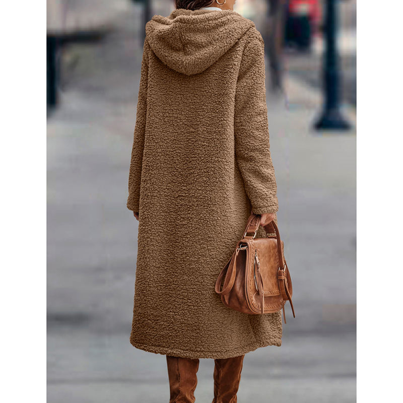 Camel Open Front Long Sleeve Hooded Fleece Coat TQK280217-58