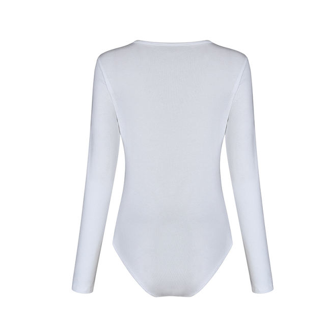 White V Neck Long Sleeve Bodysuit TQK550147-1