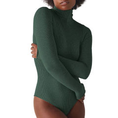 Green Ribbed High Collar Long Sleeve Bodysuit TQV220125-9