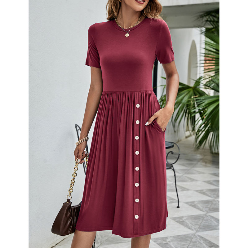 Burgundy Cotton Blend Button Detail Pocket T-shirt Dress TQK311328-23