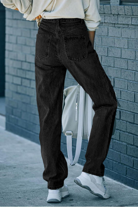 Black High Rise Distressed Crisscross Straight Denim Pants LC783887-2