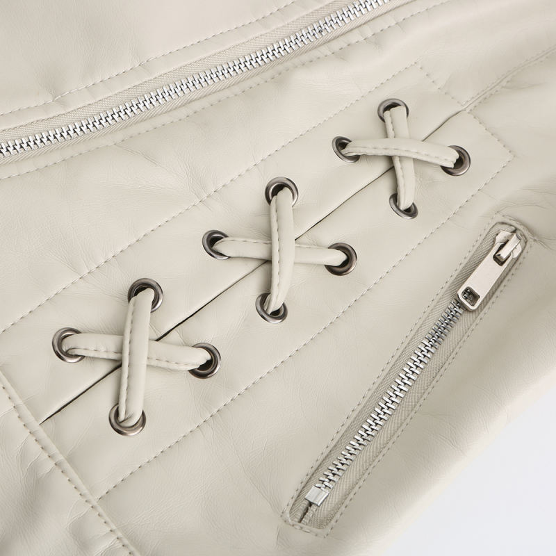 Beige Zipper &amp; Bandage PU Leather Jacket TQK280142-46