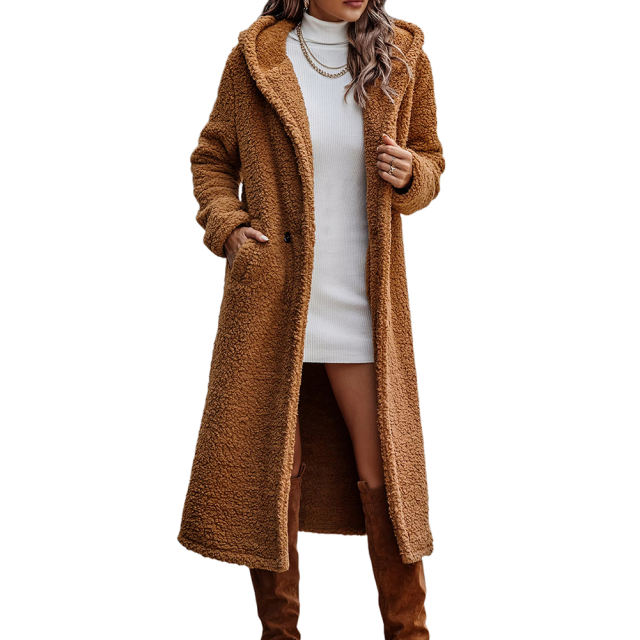 Brown Open Front Long Sleeve Hooded Fleece Coat TQK280217-17