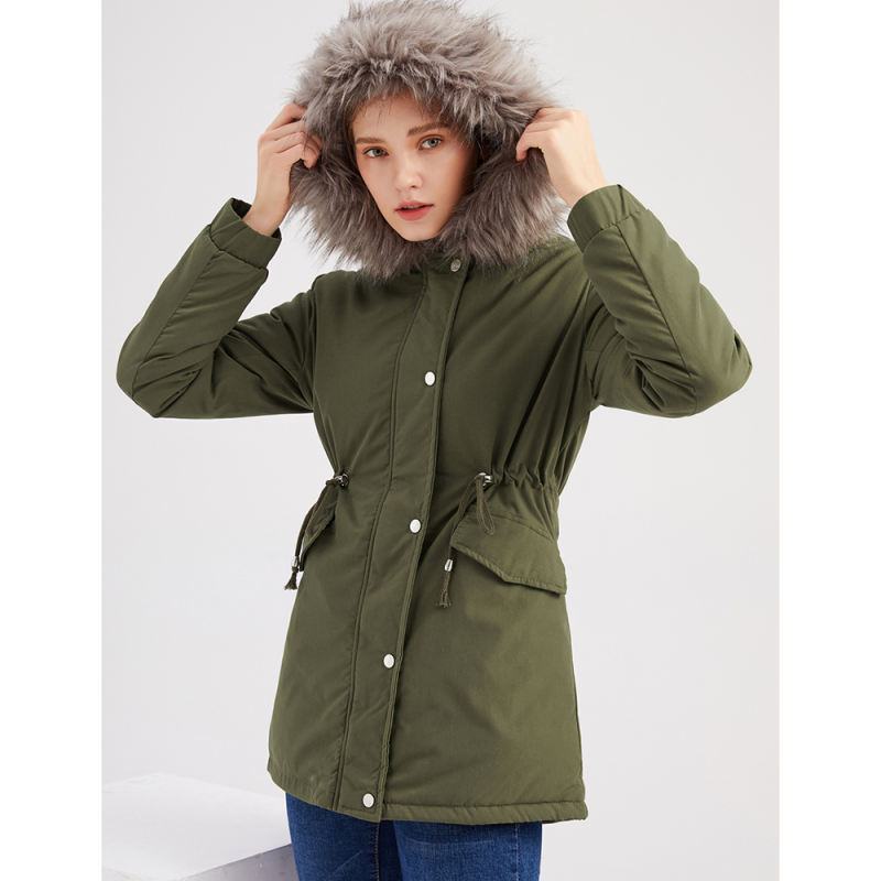 Army Green Fur Collar Drawstring Waist Warm Hooded Parka Coat TQK280130-27
