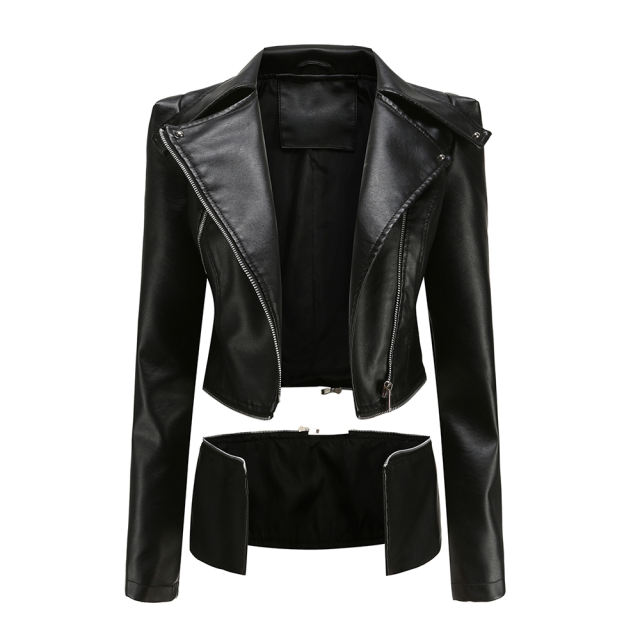Black Removable Hem Leather PU Leather Jacket TQK280125-2