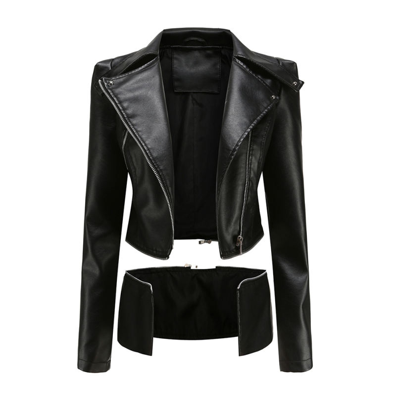 Black Removable Hem Leather PU Leather Jacket TQK280125-2
