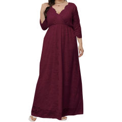 Burgundy V-Neck Lace Plus Size Dress TQK310997-23