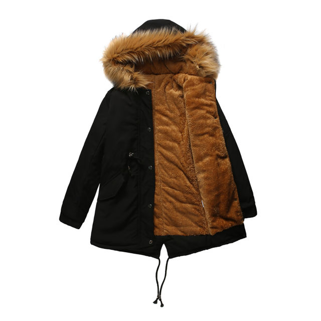 Black Brown Fur Collar Drawstring Waist Warm Hooded Parka Coat TQK280130-2B