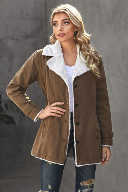 Khaki Lapel Collar Button Fleece Jacket LC8511336-16