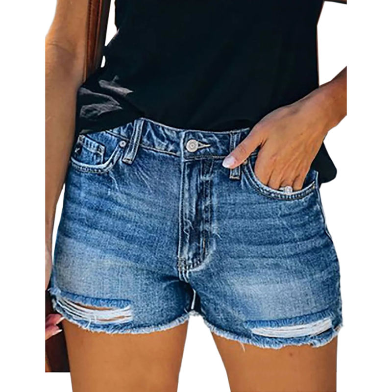 Blue Ripped Raw Hem Denim Shorts TQK530077-5