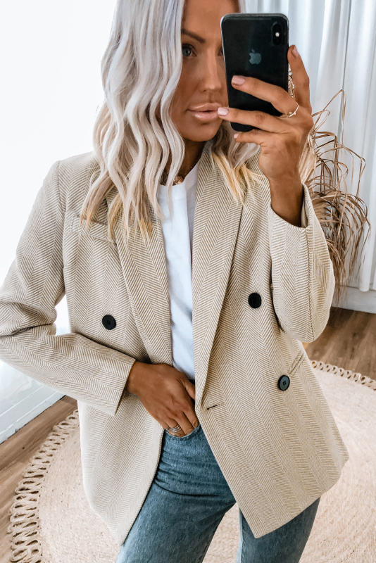 Chevron Ribbed Double Breasted Lapel Collar Blazer LC852391-17