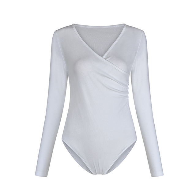 White V Neck Long Sleeve Bodysuit TQK550147-1