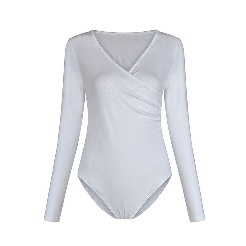 White V Neck Long Sleeve Bodysuit TQK550147-1