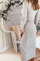 Gray Ribbed Knit Side Split High Waist Midi Skirt LC721219-11