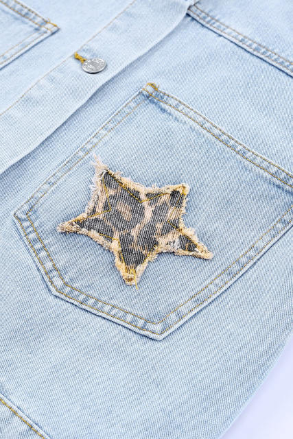 Sky Blue Leopard Star Distressed Cropped Denim Jacket LC788175-4