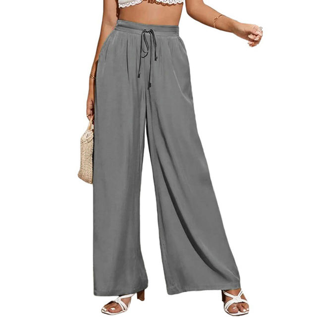 Gray Elastic Lace-up Waist Wide Leg Pants TQV510029-11