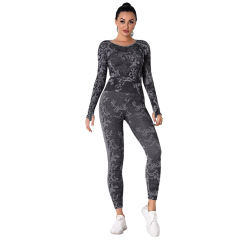 Gray Camo Knit Seamless Long Sleeve Pant Yoga Set TQE91362-11