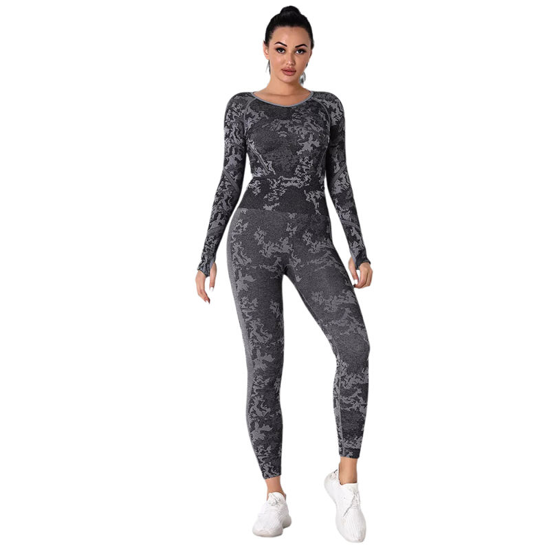 Gray Camo Knit Seamless Long Sleeve Pant Yoga Set TQE91362-11