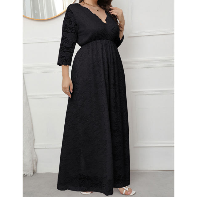 Black V-Neck Lace Plus Size Dress TQK310997-2
