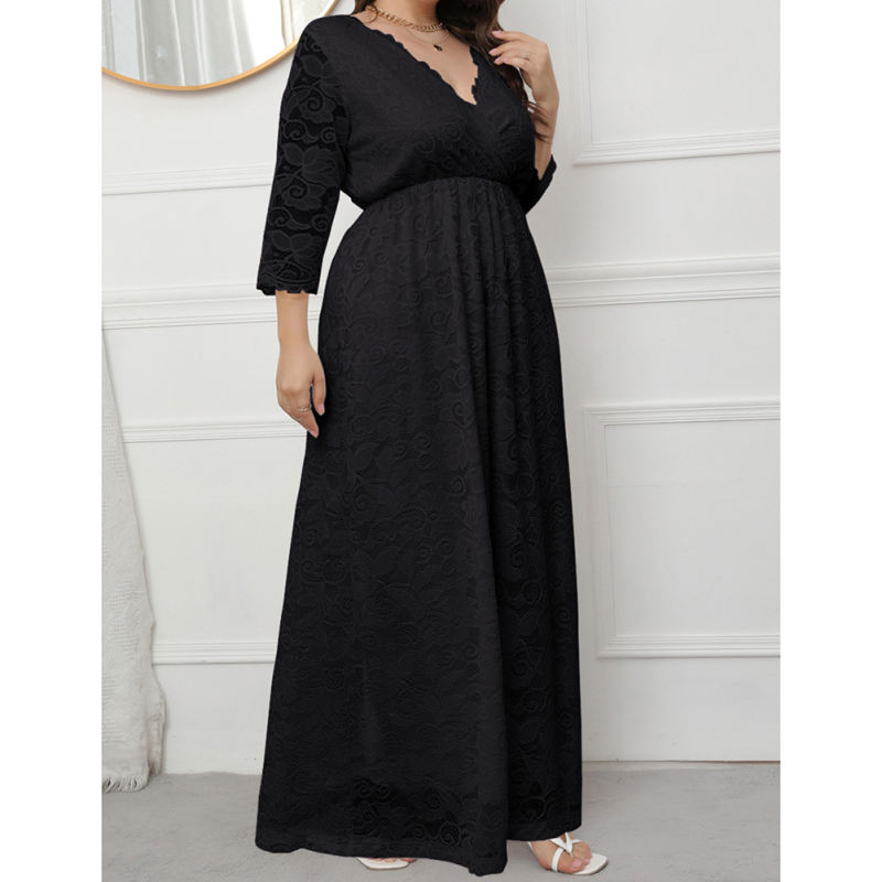 Black V-Neck Lace Plus Size Dress TQK310997-2