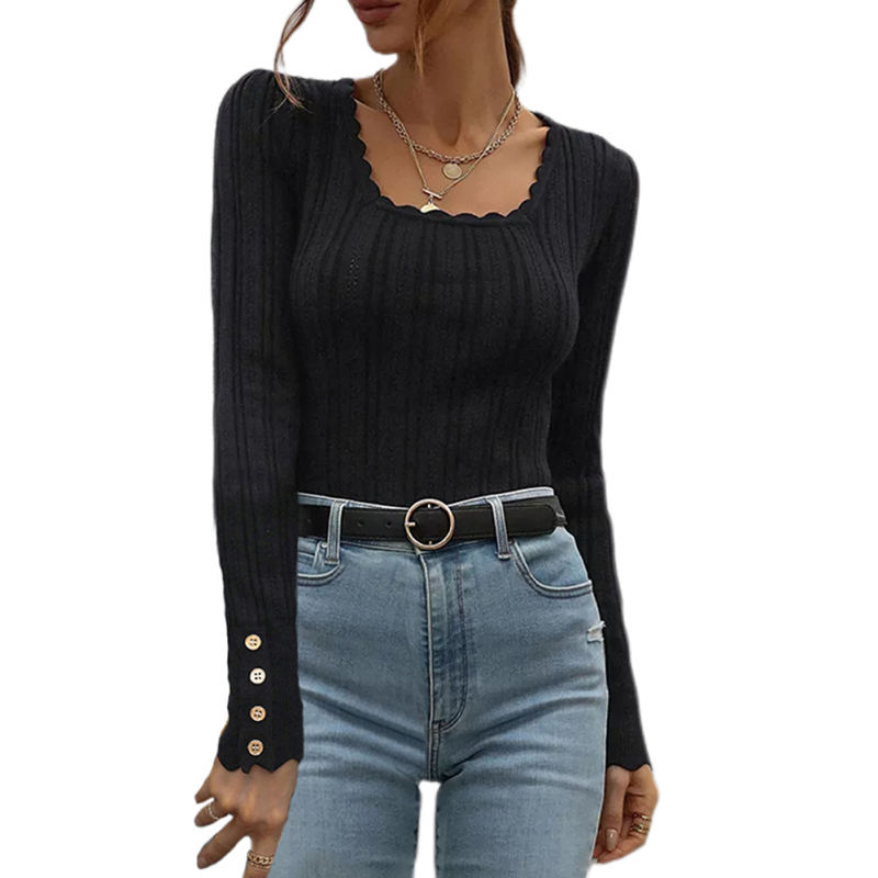 Black Knit Button Long Sleeve Pullover Top TQV270003-2