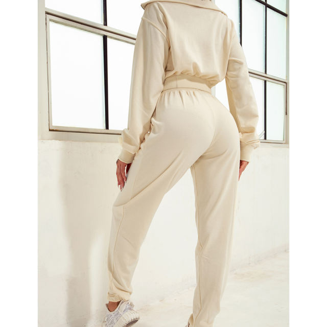 Apricot Zipper-up Cotton Sweatshirt with Pant Sports Set TQE91573-18