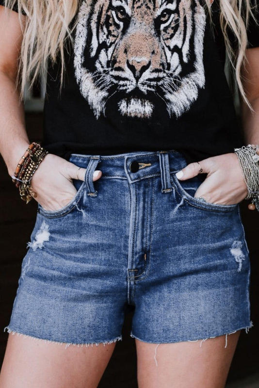 High Rise Distressed Denim Shorts with Pockets LC781079-5