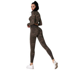 Yellow Camo Knit Seamless Long Sleeve Pant Yoga Set TQE91362-7