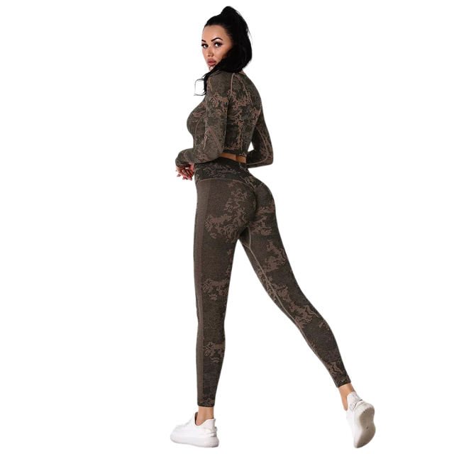 Yellow Camo Knit Seamless Long Sleeve Pant Yoga Set TQE91362-7