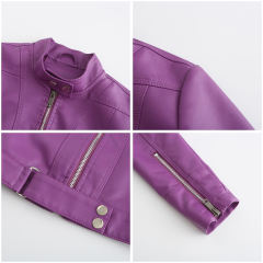 Purple PU Stand Collar Short Leather Jacket TQK280124-8