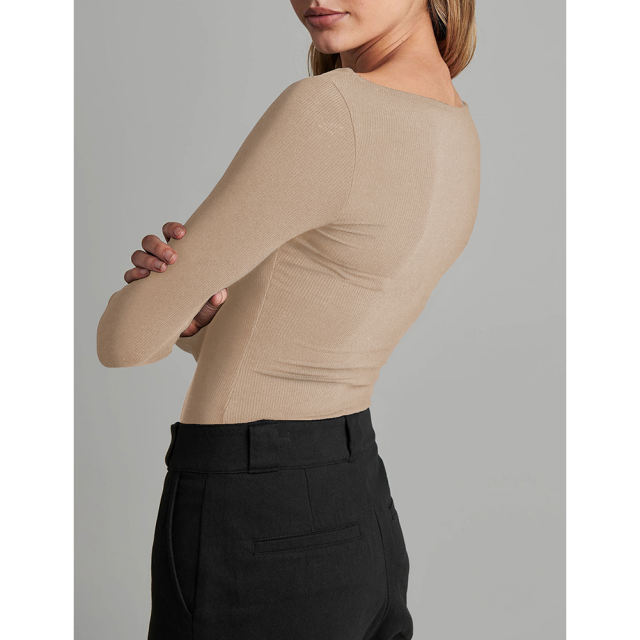 Apricot Ribbed Cut-out Long Sleeve Bodysuit TQV220110-18