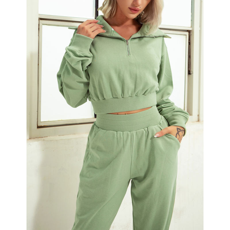 Green Zipper-up Cotton Sweatshirt with Pant Sports Set TQE91573-9