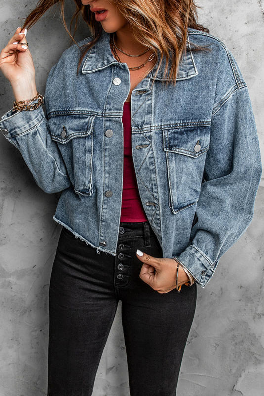 Sky Blue Raised On 90\'s Country Distressed Denim Jacket LC788244-4