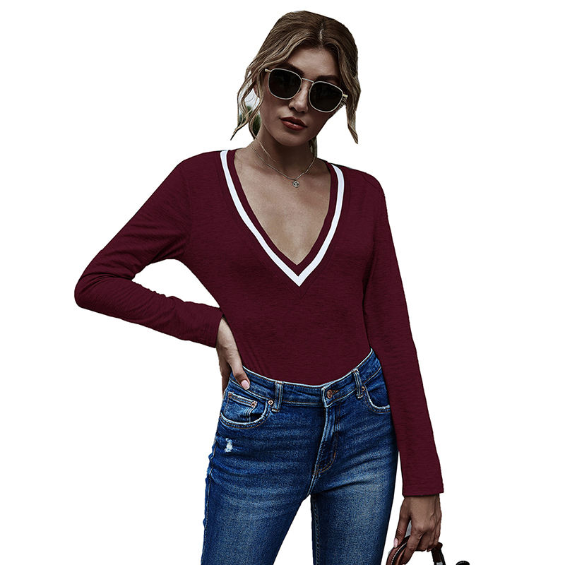 Wine Red Cotton Blend V Neck Bodysuit TQK550198-103