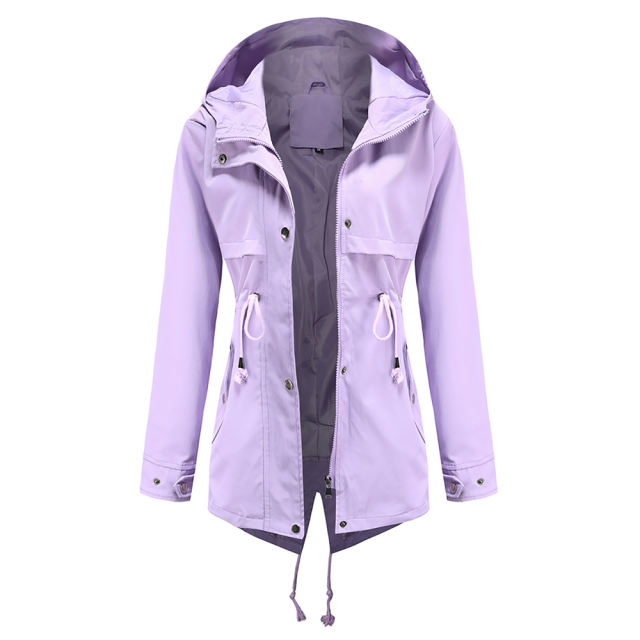 Light Purple Waist Drawstring Hooded Outdoor Rainproof Coat TQK280126-38