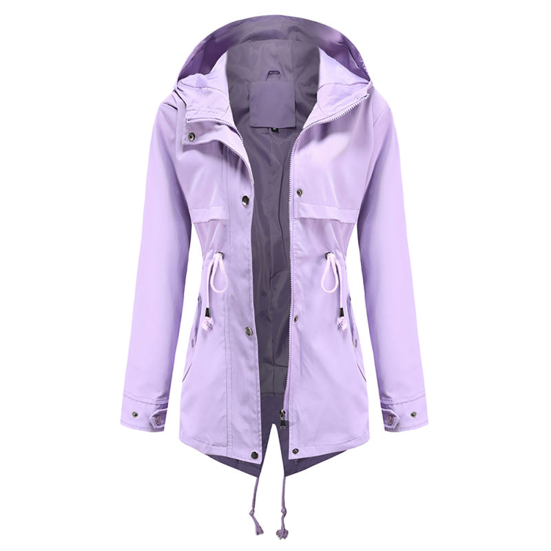Light Purple Waist Drawstring Hooded Outdoor Rainproof Coat TQK280126-38