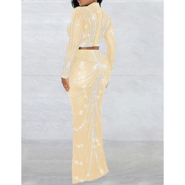 Apricot Rhinestones Long Sleeve Crop with Maxi Skirt Set TQV810029-18