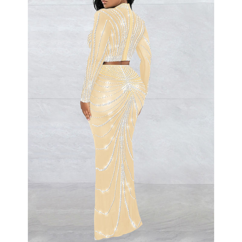 Apricot Rhinestones Long Sleeve Crop with Maxi Skirt Set TQV810029-18
