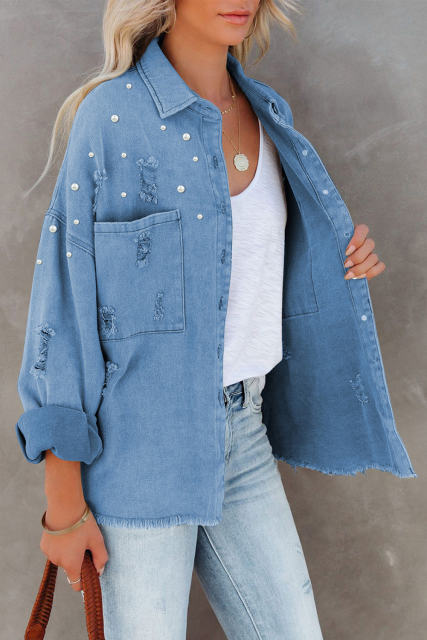 Sky Blue Beaded Oversized Pocketed Distressed Denim Jacket LC854283-4