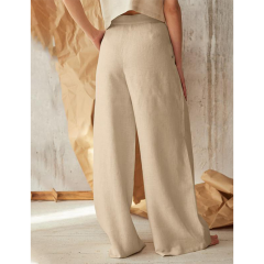 Apricot Cotton Linen Button High Waist Wide Leg Pants TQV510049-18