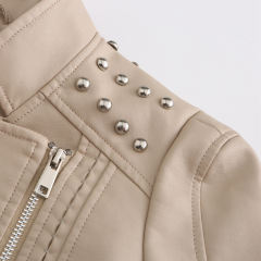 Beige Rivet Decoration Turndown Collar PU Leather Jacket TQK280137-46