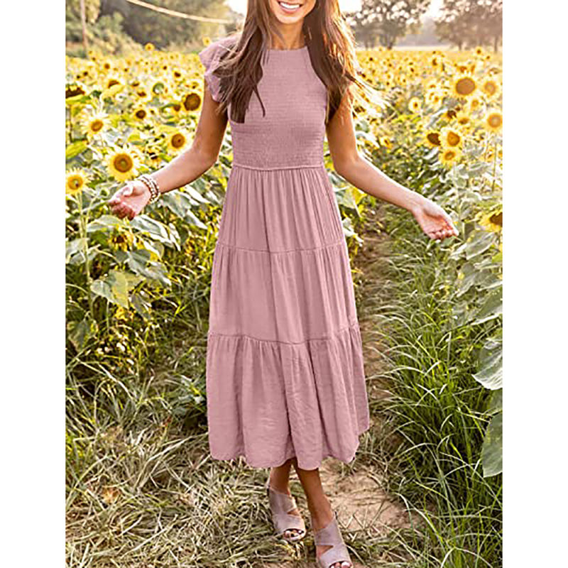 Pink Ruffled Sleeve Pleated Layered Casual Dress TQV310008-10