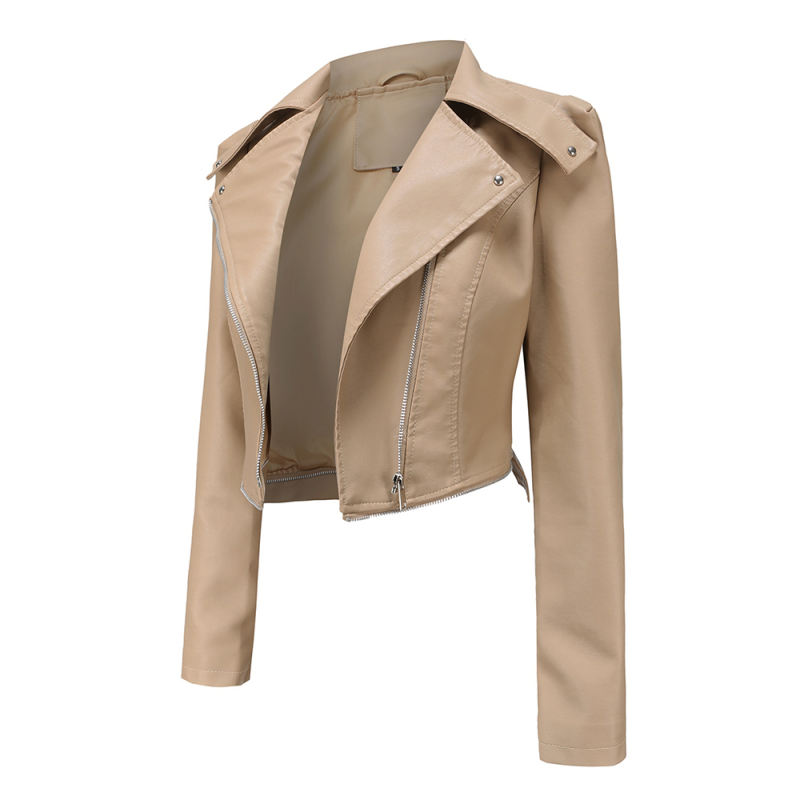 Apricot Removable Hem Leather PU Leather Jacket TQK280125-15
